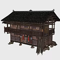 Traditional Chinese Ancient Building With Two Story Wooden Structure Black Tiled Roof And Red Decorations