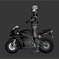 Armored Character In Silver Helmet And Blue Black Armor By Black Motorcycle