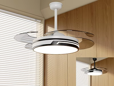 Modern Ceiling Fan Light Chandelier in Bright Interior with Wooden Walls and Blinds 3d model