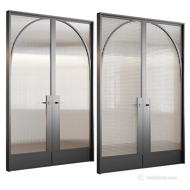 Modern Double Doors With Vertical Striped And Grid Pattern Glass Panels In Black Metal Frames 3d model