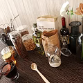 Spice Containers With Glass Jars Honey Spices Coffee Beans And Wooden Spoon On Wooden Background