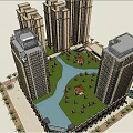 Modern High Rise Building Complex With Green Plaza And Landscape Design