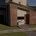 Modern Public Restroom Exterior With Wooden Cladding Glass Door Lawn And Trees