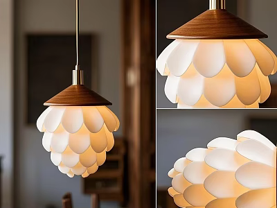Elegant Modern Pendant Light With Wooden Top And White Petal Layers For Interior Design 3d model