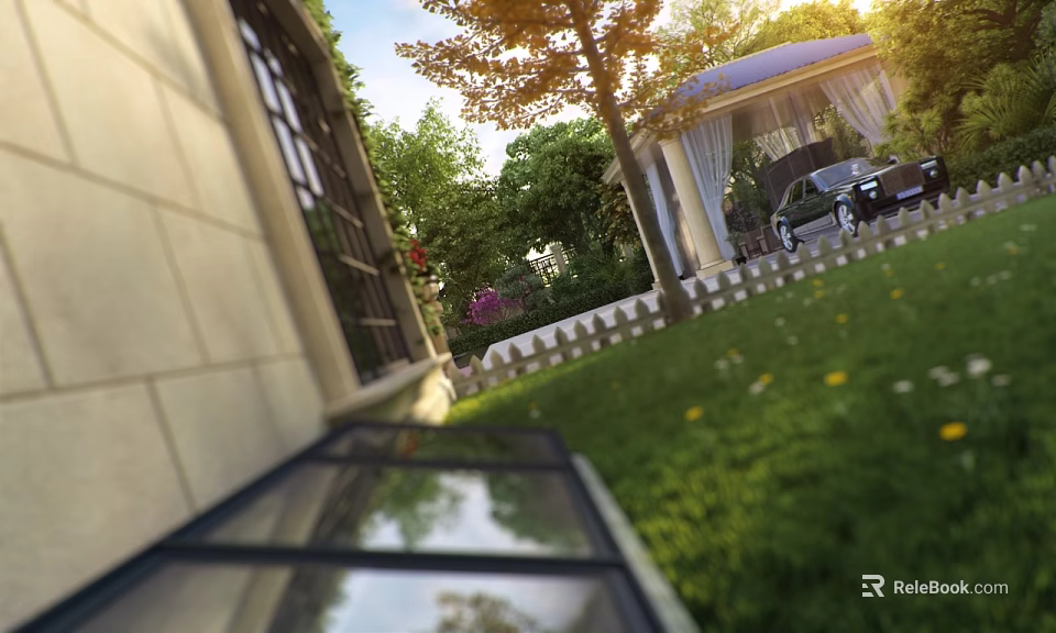 Elegant Garden Landscape With Lush Green Lawn Shade Trees Gazebo And White Picket Fence 3d model 
