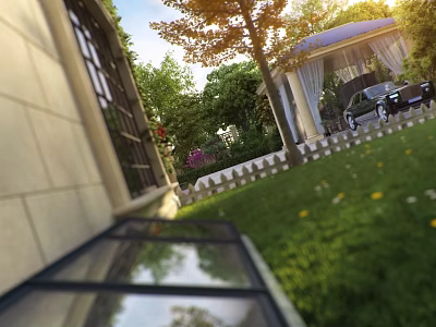 Elegant Garden Landscape With Lush Green Lawn Shade Trees Gazebo And White Picket Fence 3d model