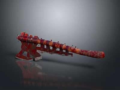 Ancient Red And Brown Crossbow With Long Body And Wooden Stand Base 3d model
