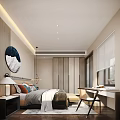 Modern Bedroom Interior With Large Window Round Blue Decorative Painting Green Plants And Rattan Chairs
