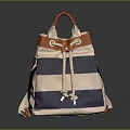 Stylish Bucket Bag With White Navy Orange Stripes Leather Handle And Drawstring Closure