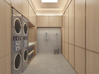 Modern Laundry Room With Wooden Cabinets Washing Machines Dryers And Ironing Board 3d model