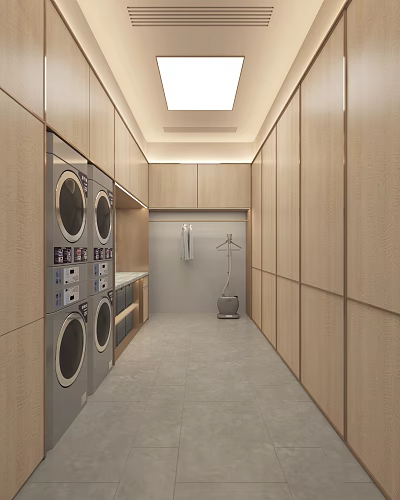 Modern Laundry Room With Wooden Cabinets Washing Machines Dryers And Ironing Board 3d model