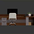 Curved Wooden Office Desk With Computer Monitor Keyboard Telephone And Potted Plant