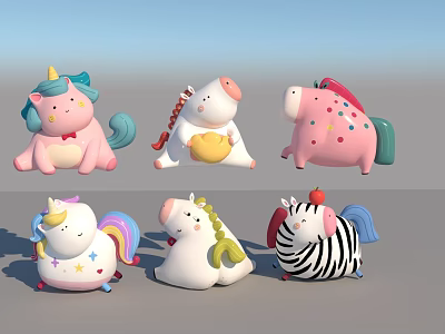 Cute Colorful Cartoon Animal Toys With Various Designs And Decorative Elements 3d model