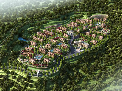 Aerial Planning of Residential Area with Forest and Water Bodies Organized Layout 3d model