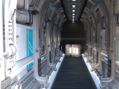 Cartoon Sci Fi Corridor Scene With Metallic Structures Blue Lights Control Panels And Walkway 3d model