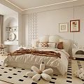 Modern Bedroom Interior Design Featuring Soft Bed Grid Wall Artwork Geometric Rug And Plush Toys
