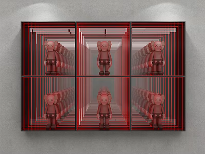 Decorative Lights In Red Frame Display Cabinet With Neatly Arranged Bear Dolls 3d model