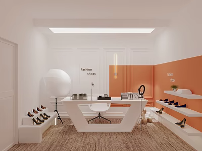 Fashion Clothing Store Interior With White And Orange Walls Desk Chair And Shoe Shelves 3d model