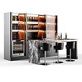 Elegant Modern Bar Interior With Marble Counter Leather Stools Glass Cabinet Wine Bottles And Glasses