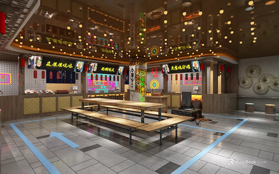 Chinese Restaurant Interior With Long Wooden Tables Menu Display Boards And Hanging Lights 3d model 