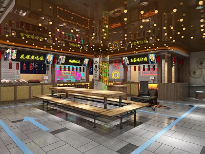 Chinese Restaurant Interior With Long Wooden Tables Menu Display Boards And Hanging Lights 3d model