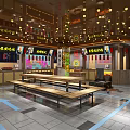Chinese Restaurant Interior With Long Wooden Tables Menu Display Boards And Hanging Lights