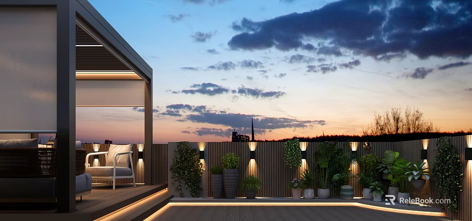 Roof Terrace Garden Featuring Wooden Flooring Potted Plants White Chairs And Sunset City Skyline 3d model 
