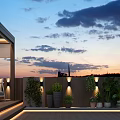 Roof Terrace Garden Featuring Wooden Flooring Potted Plants White Chairs And Sunset City Skyline