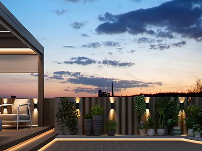 Roof Terrace Garden Featuring Wooden Flooring Potted Plants White Chairs And Sunset City Skyline 3d model