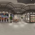 Industrial Style Restaurant Interior With Glass Display Cases Ceiling Lights Tables Chairs And Street View