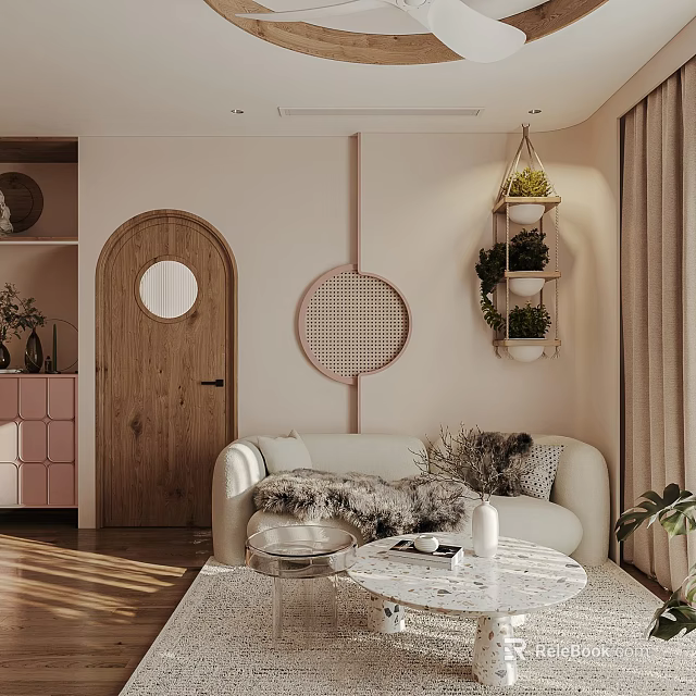 Modern Living And Dining Room Interior Design With Cozy Sofa Circular Decor And Green Plants 3d model 