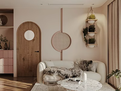 Modern Living And Dining Room Interior Design With Cozy Sofa Circular Decor And Green Plants 3d model