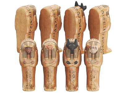 Egyptian Wooden Sarcophagus Sculptures With Hieroglyphic Inscriptions And Pharaoh Cat Deity Figures 3d model