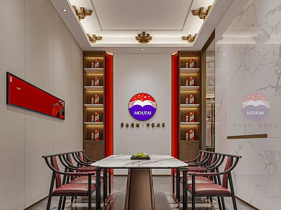 Chinese Style Dining Room Interior With Wooden Tables Chairs Red Decor Circular Logo And Shelves 3d model
