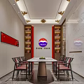 Chinese Style Dining Room Interior With Wooden Tables Chairs Red Decor Circular Logo And Shelves