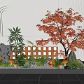 Garden Landscape With Red Maple Tree Stone Mushrooms Green Plants Lattice Fence And White Wall