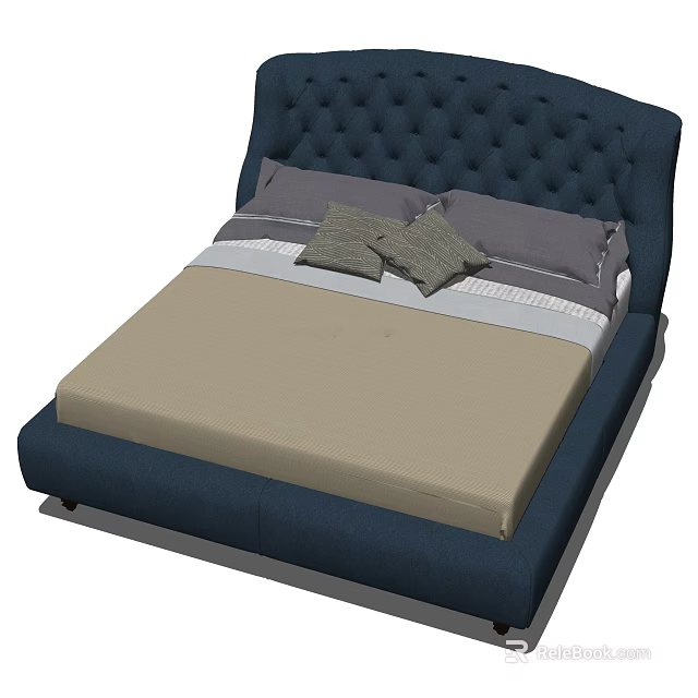 Double Bed With Tufted Navy Blue Headboard Bed Frame Gray Pillows And Beige Mattress 3d model 