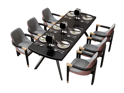 Modern Gray Dining Chairs With Black Dining Table Set With Plates Wine Glasses And Cutlery 3d model