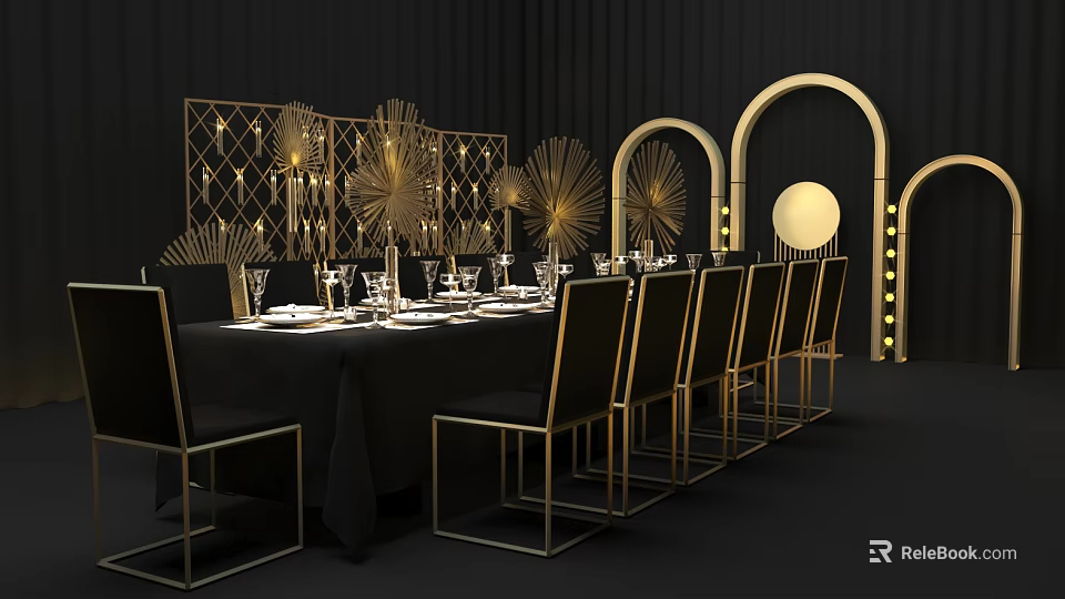Elegant Tea Break Area with Black Tablecloth Golden Chairs Decorative Arches and Ambient Lighting 3d model 