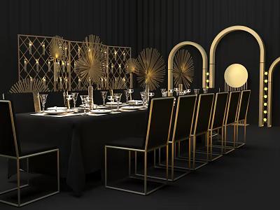 Elegant Tea Break Area with Black Tablecloth Golden Chairs Decorative Arches and Ambient Lighting 3d model