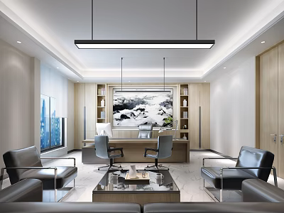 Modern Office Interior With Spacious Layout Wooden Bookshelf Desk Chairs Leather Sofa And Decorative Painting 3d model