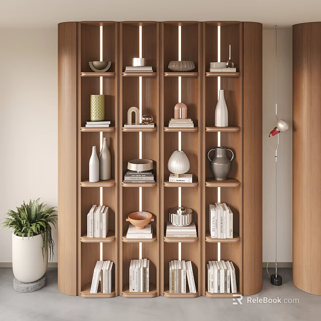 Modern Wooden Decorative Cabinet With Multiple Shelves Holding Books Vases And Decorative Items 3d model 