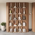 Modern Wooden Decorative Cabinet With Multiple Shelves Holding Books Vases And Decorative Items