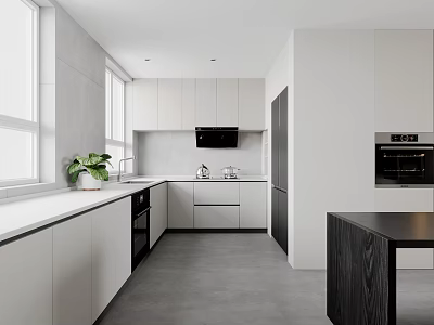Modern Kitchen Interior Design With White Cabinets Island Counter And Black Appliances 3d model