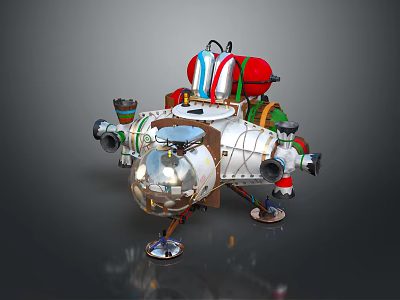Vintage Futuristic Mechanical Machine Featuring Transparent Dome Red Green Accents And Support Legs 3d model