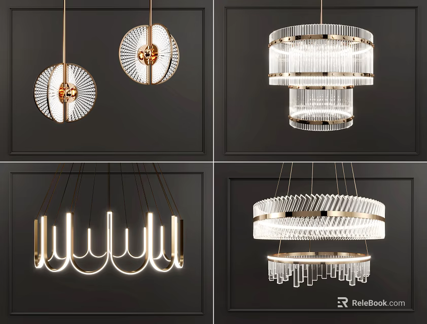 Various Hanging Chandeliers With Modern Metal And Crystal Elements In Circular And Multi layered Styles 3d model 