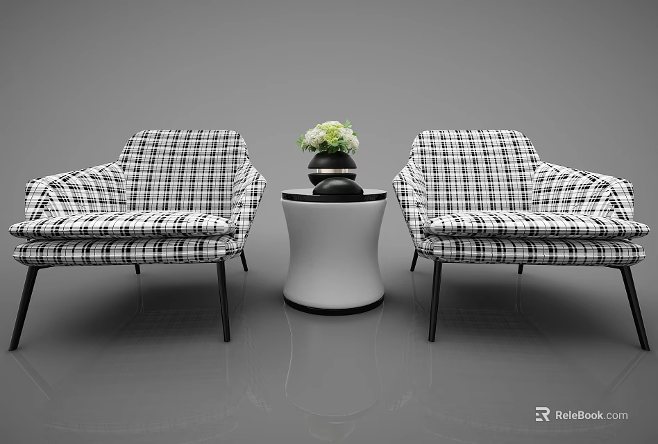 Casual Sofa Set With Checkered Design And Side Table With Flower Arrangement 3d model