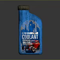 Blue Engine Coolant Bottle With 50/50 Premix And Red Car Graphic Design