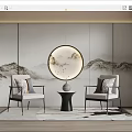 Chinese Style Casual Sofa Set With Landscape Background Wall Round Decorative Painting And Two Armchairs