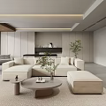Modern Beige L-shaped Sofa Coffee Table Set with Round Table Wooden Accents and Green Plant